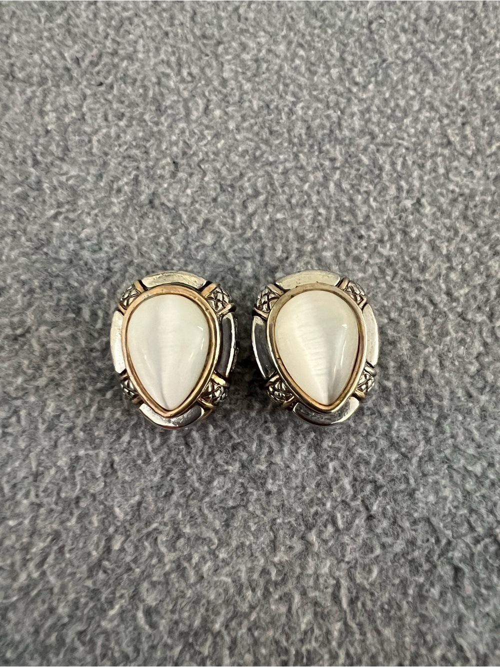 Vintage Clip-On Earrings White Teardrop Cabochon Silver Tone Statement